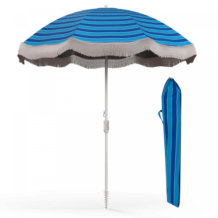 Goplus 6.5 FT Outdoor Fringe Patio Umbrella with Carrying Bag Push Button Tilt for Garden Navy