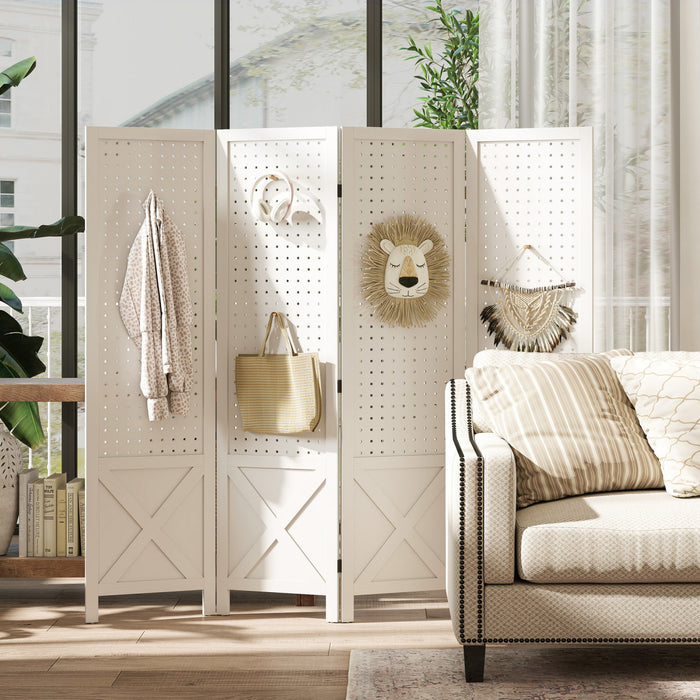 HOMCOM 56.9\" 4 Panel Room Divider with Pegboard Display for Indoor White
