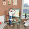 Qaba Art Easel for Kids, 3-in-1 Double-Sided Kids Easel with Paper Roll, Whiteboard & Chalkboard, 2 Storage Boxes, Gift for Boys, Girls Ages 3-8, Green, Fox and Bear