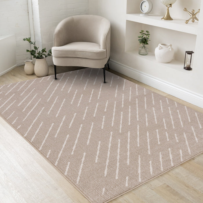 Covington Beige Cream Diagonal Rain Streaks Design Rug, 6'7\" x 9'10\" Indoor Area Rug