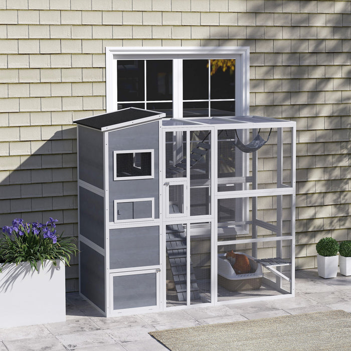 Pawhut Catio Outdoor Cat Enclosure, 76\" L Large Weatherproof Cat House With Cat Condo, Jumping Platforms, Ladder, Ramps, Hammock For 2-3 Indoor Cats, Grey