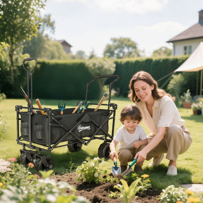 Outsunny 80L Folding Wagon Cart with Wheels, Heavy-Duty Collapsible Garden Trolley for Camping, Beach, Removable Canopy, Adjustable Handle, Cup Holders, Black