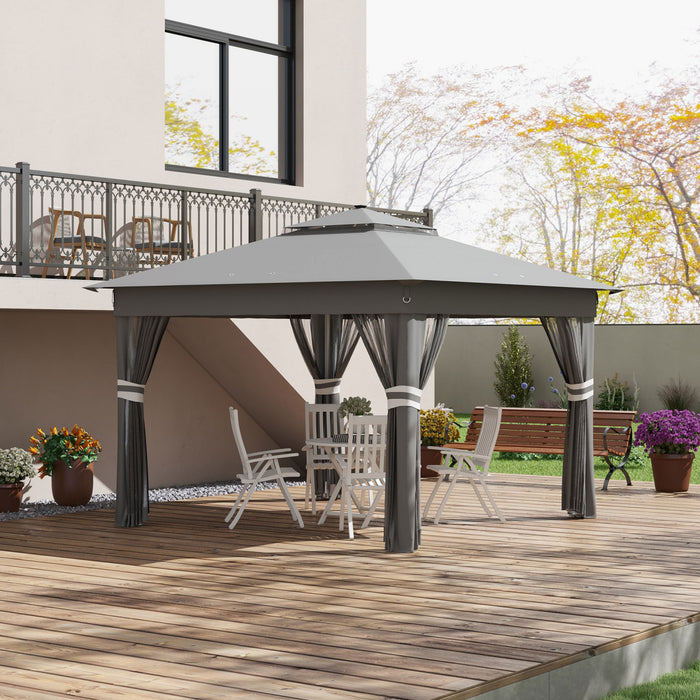Outsunny 11x11ft Pop Up Canopy Tent With Curtains, Netting, 20 Solar-powered LED Lights, Roller Bag, 4 Weight Bags, Height Adjustable Instant Sun Shelter For Garden, Patio, Grey
