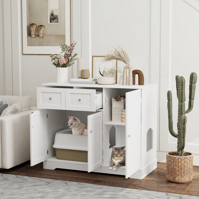 Pawhut Cat Litter Box Enclosure, Hidden Litter Box Furnitrue Indoor Cat House With Drawer, Storage, Anti-tip Kit, Cat Washroom For Living Room, Bedroom, White