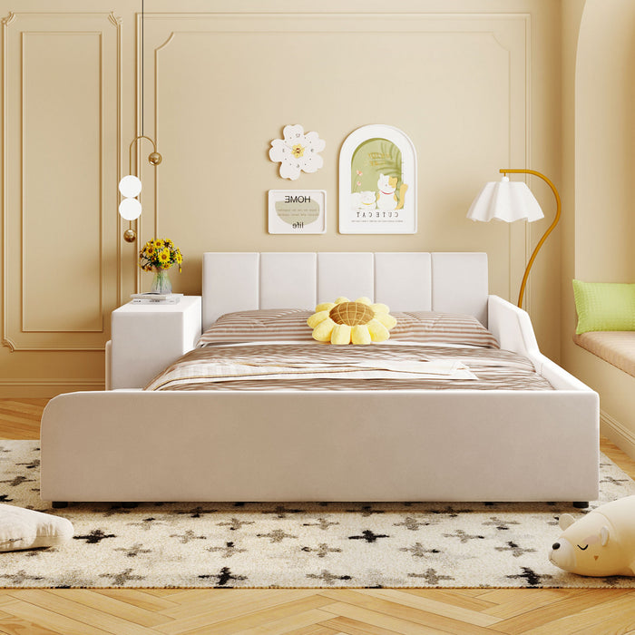 Lily Velvet Upholstered Grounded Bed with Desk and Stool,Full Size,Beige Full Bed