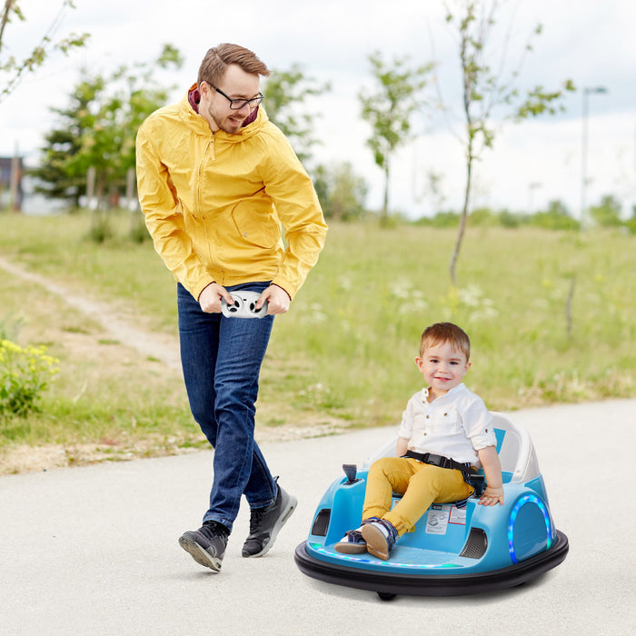 Qaba 12v Bumper Car For Toddlers, Electric Powered Ride-On Car With 360 Degree Spin, Remote Control, Led Lights Music Horn, For Ages 1.5-5 Years Old, Light Blue