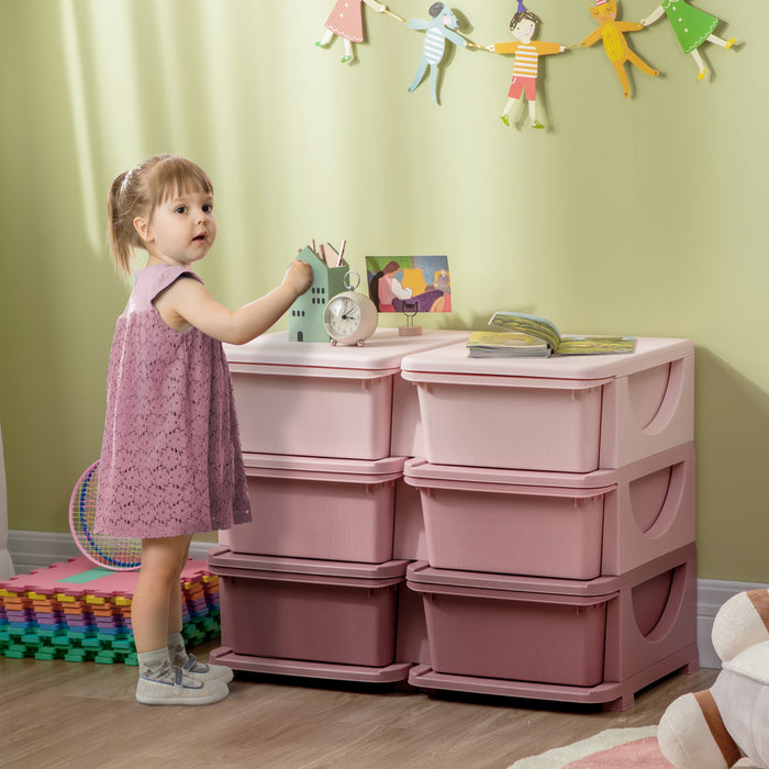 Qaba Kids Toy Storage Organizer With 6 Plastic Bins, 3 Tier Drawer Chest Utility For Kids Bedroom Nursery Kindergarten Living Room For Boys Girls Toddlers, Pink