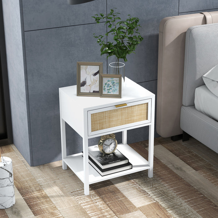 HOMCOM Boho Bedside Table with Drawer, Open Shelf and Rattan Element