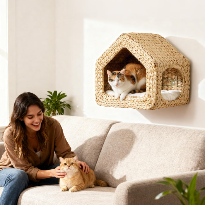 PawHut Cat Wall Shelf, Wall Mounted Cat House with Washable Cushion, Kitty Shelf Furniture for Indoor Kittens, for Resting and Lounging, Natural
