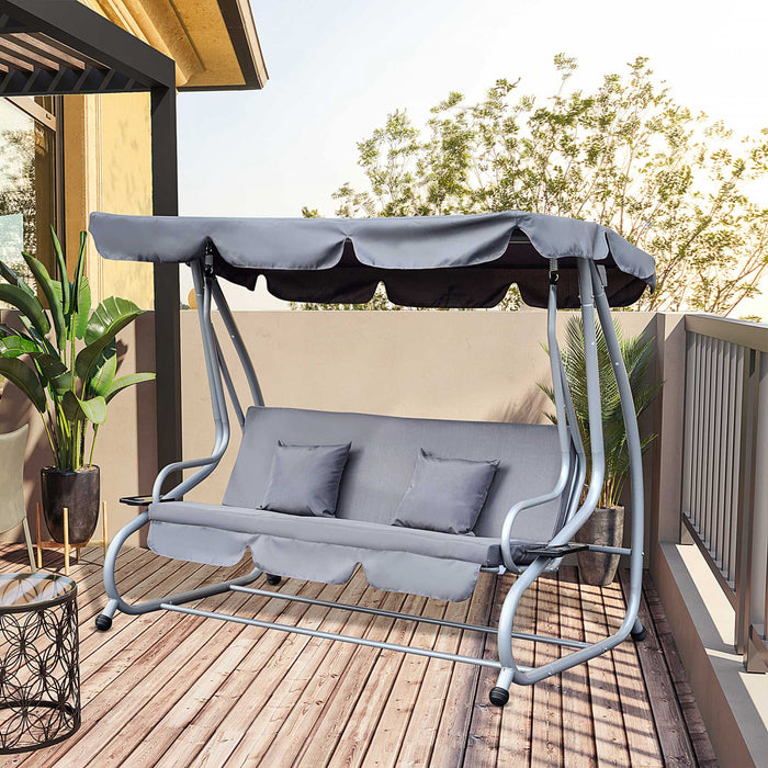 Outsunny 3-seat Outdoor Patio Swing Chair, Converting Flat Bed, Canopy Swing With Adjustable Shade, Removable Cushions, Cup Holder, Grey