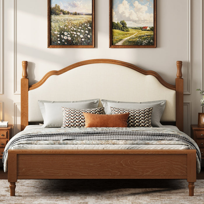 Miles Queen Size Wood Platform Bed with Curved Upholstered Headboard, Brown