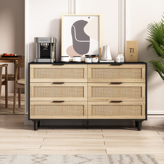 51.18\" Mila Modern 6 Drawer Rattan Storage Cabinet with Engineered Wood Frame - Black