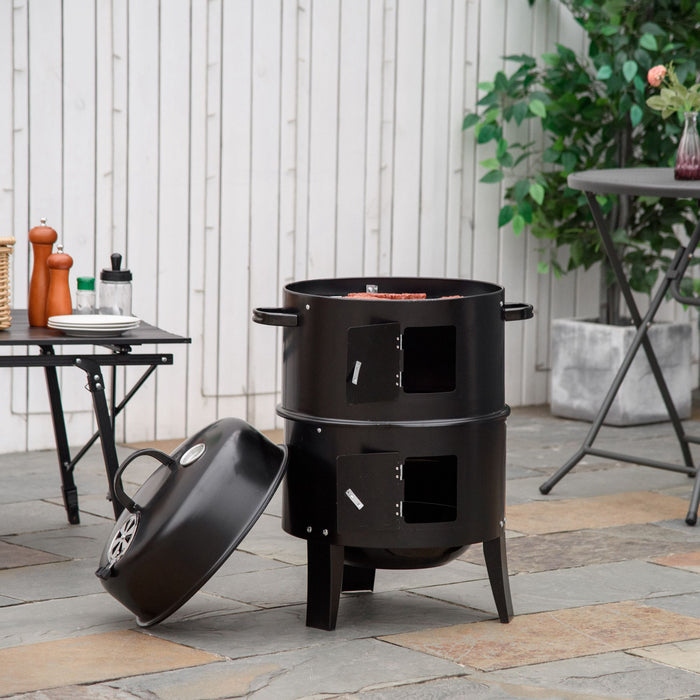 Outsunny Vertical Charcoal BBQ Smoker, 3-in-1 16\" Round Barbecue Grill with 2 Cooking Area and Thermometer for Outdoor Camping Picnic Cooking, Black