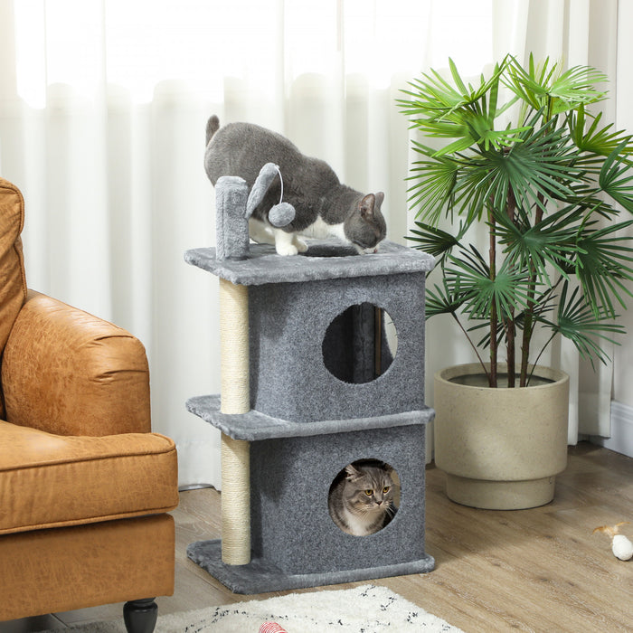 Pawhut Cat Tree, 31.5\" Multi-level Cat Tower For Indoor Kittens With 2 Door Condos, Removable Toy Ball, Sisal Scratching Posts, Plush Platform, For 1-2 Kittens, Grey