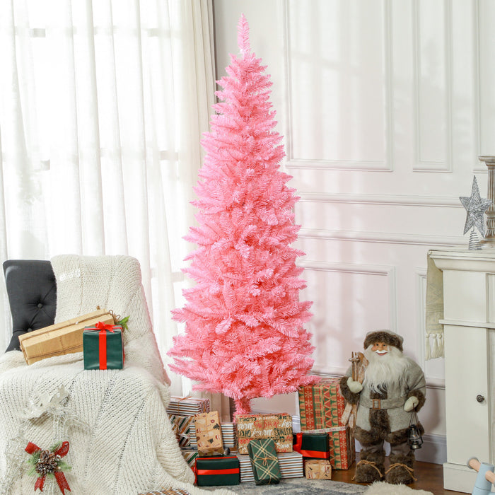 Homcom 6ft Tall Pencil Artificial Christmas Tree With Steel Base, Pink