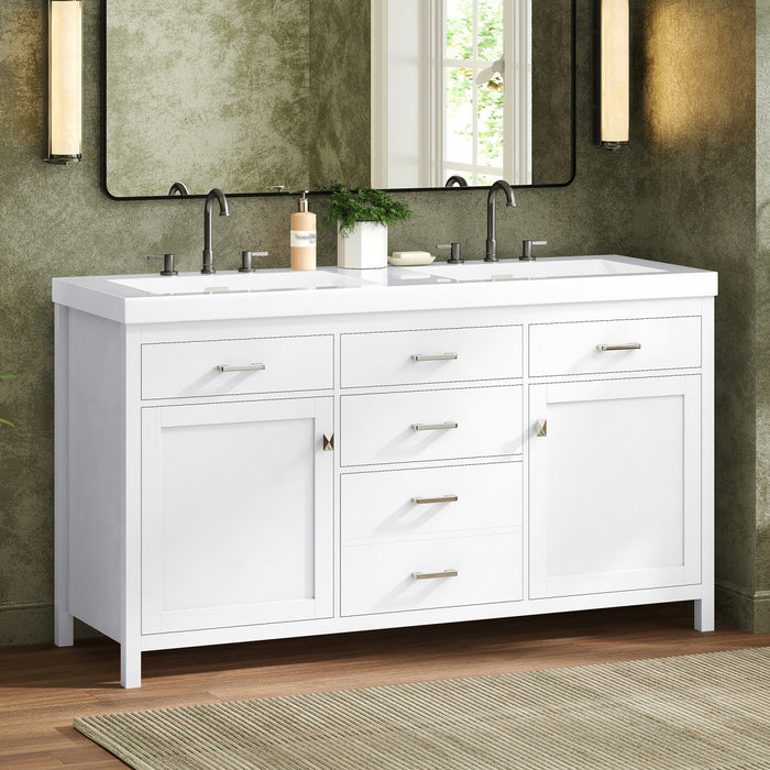 Sorelle 59 Inch Double Sink Bathroom Vanity with Resin Sinks and 3 Drawers, White