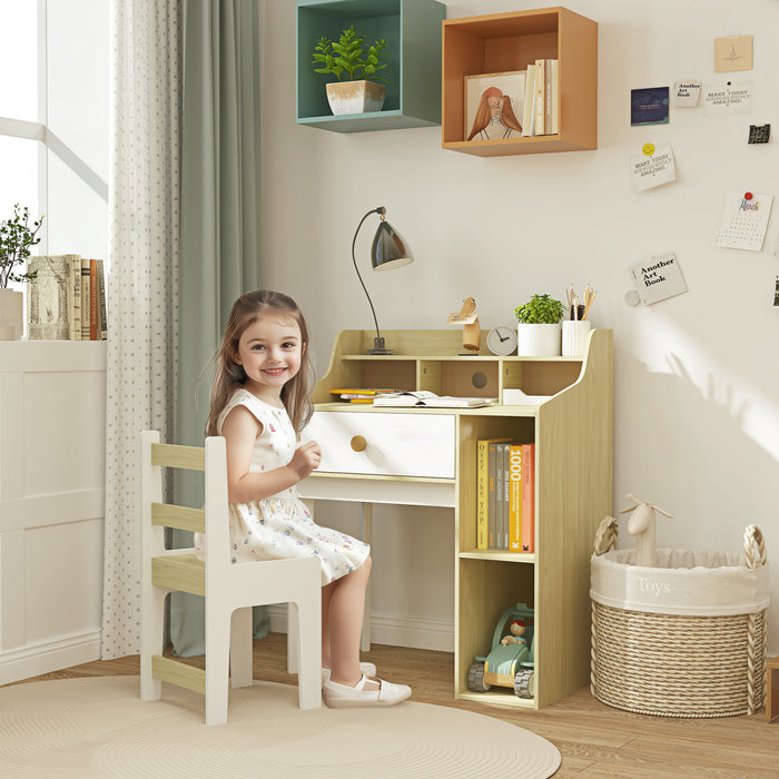 Qaba Kids Desk And Chair Set, Kids Table And Chair Set, Kids Study Table And Chair Set With Storage Shelves, Drawer, For 3-10 Years, White