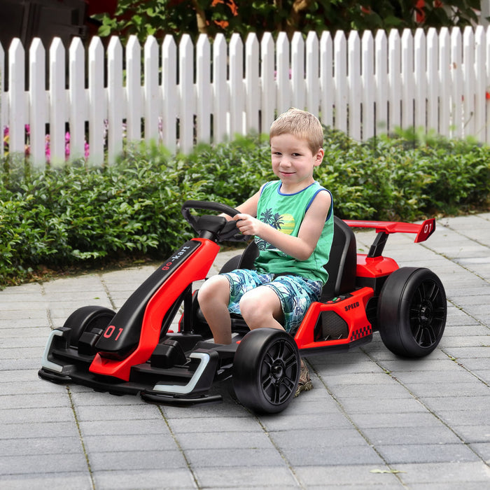 Aosom Go Kart, 24v Kids Drift Kart With Adjustable Seat, Battery Powered Ride-On Toy With Slow Start, Button Start, Music, Honking Horn, Lights, For 6-12 Years Old, Red