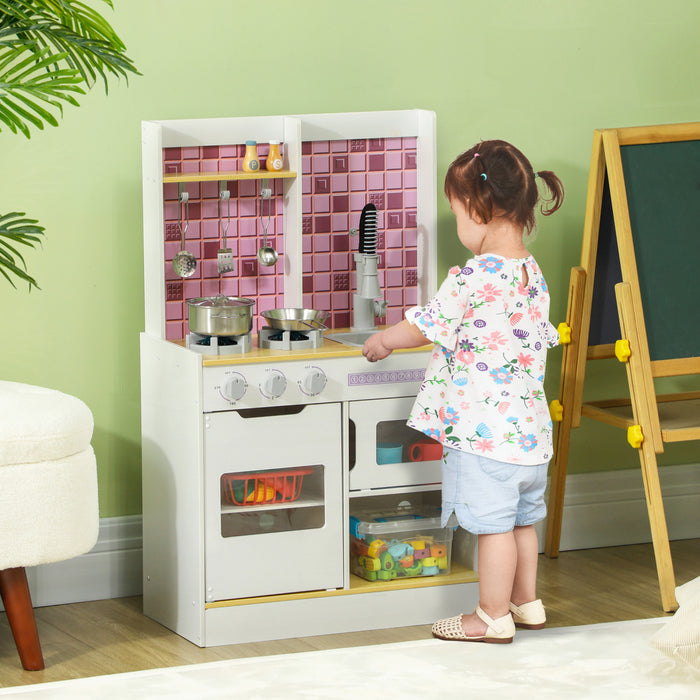 Qaba Play Kitchen, Kids Kitchen Playset With Realistic Lights & Sounds, Sink, Oven, Stove, Pretend Play Kitchen For Toddlers, Gift For Girls Boys, Ages 3+, White