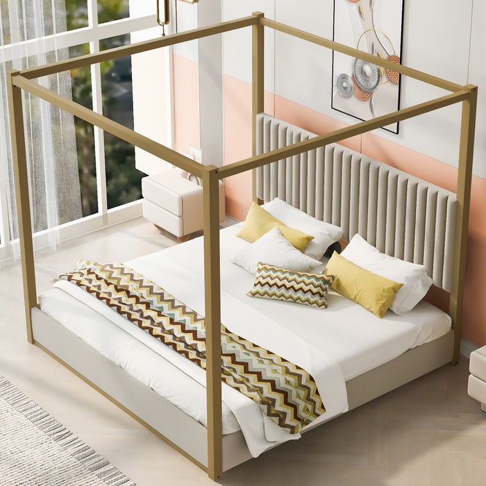 Sophia Upholstery Canopy Platform Bed with Foam Headboard and Velvet,King Size,Beige King Bed