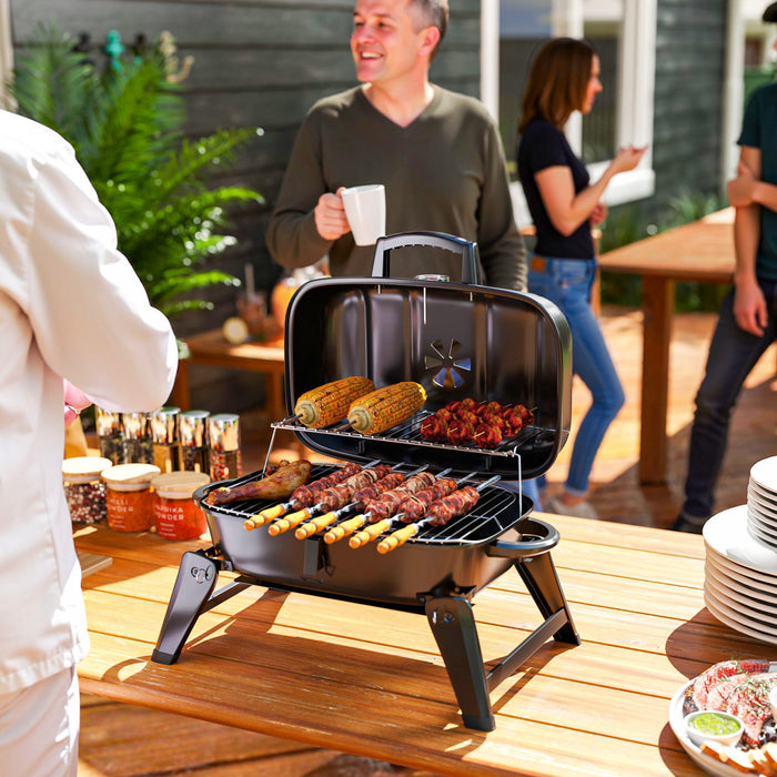 Outsunny Charcoal BBQ Grill, Foldable Barbecue Grill with Warming Rack, Adjustable Vent, Thermometer, Handles for Outdoor Cooking, Camping Picnic, Black