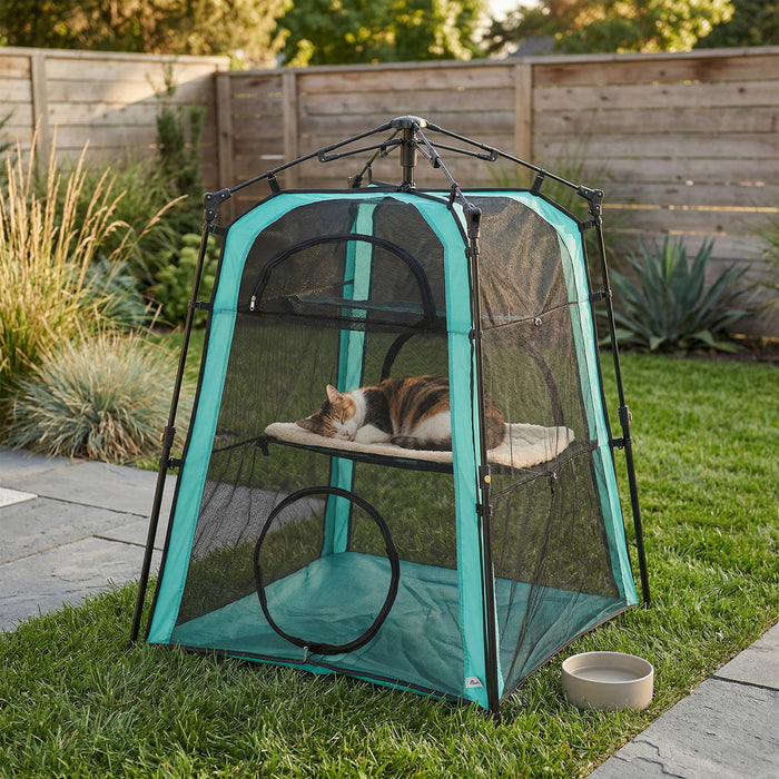 PawHut Cat Tent, 3-Tier Portable Pet Tent for Indoor Outdoor, Cat House with Multi-Door, Carry Bag, Breathable Mesh for Security & Ventilation, Sun Protection, Green