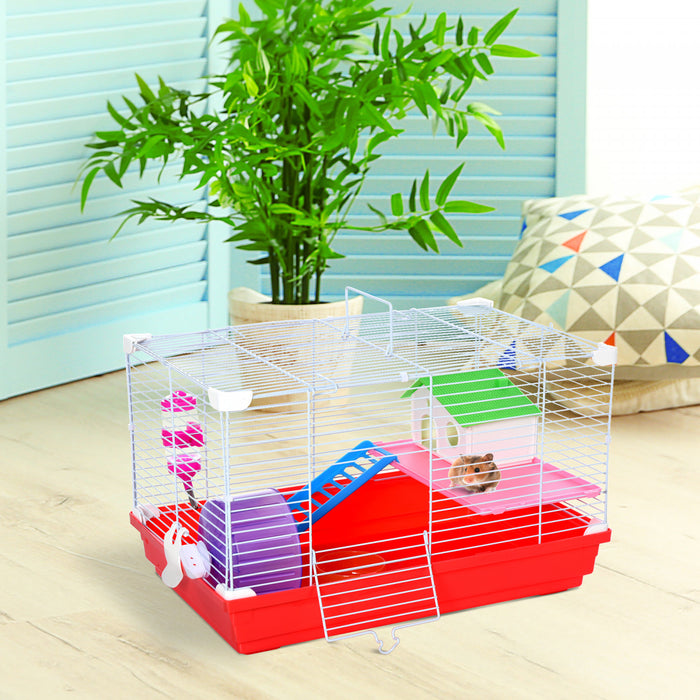 Pawhut 18.5'' Hamster Cage With Exercise Wheel And Water Bottle Dishes, Rat House And Habitats 2 Storey Design, Red