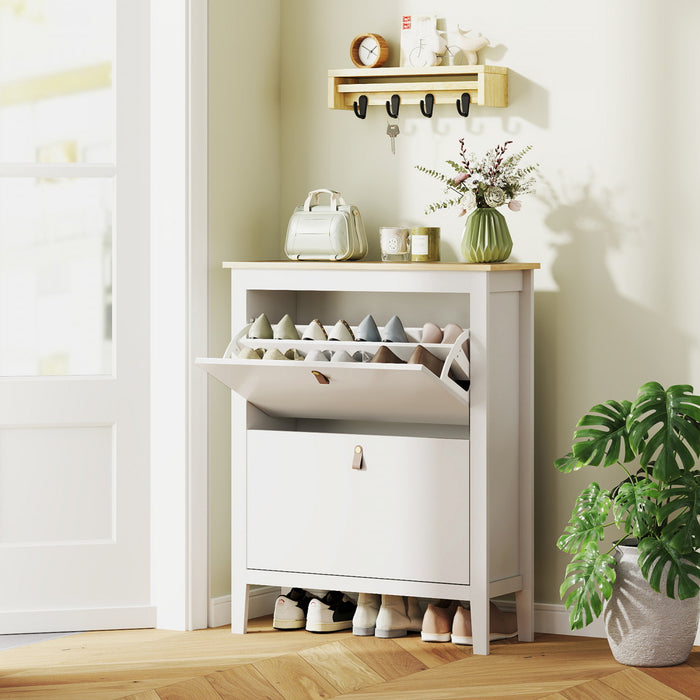 HOMCOM Shoe Cabinet with 2 Flip Drawers, Narrow Shoe Storage Cabinet, White