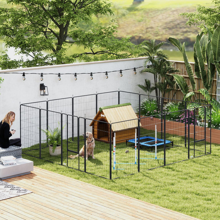 PawHut Dog Playpen, 31.5\" W Heavy-Duty Metal Puppy Play Pen, Pet Exercise Fences for Outside and Indoor, DIY Design with Door for Large Dogs, 16 Panels, 47\"H