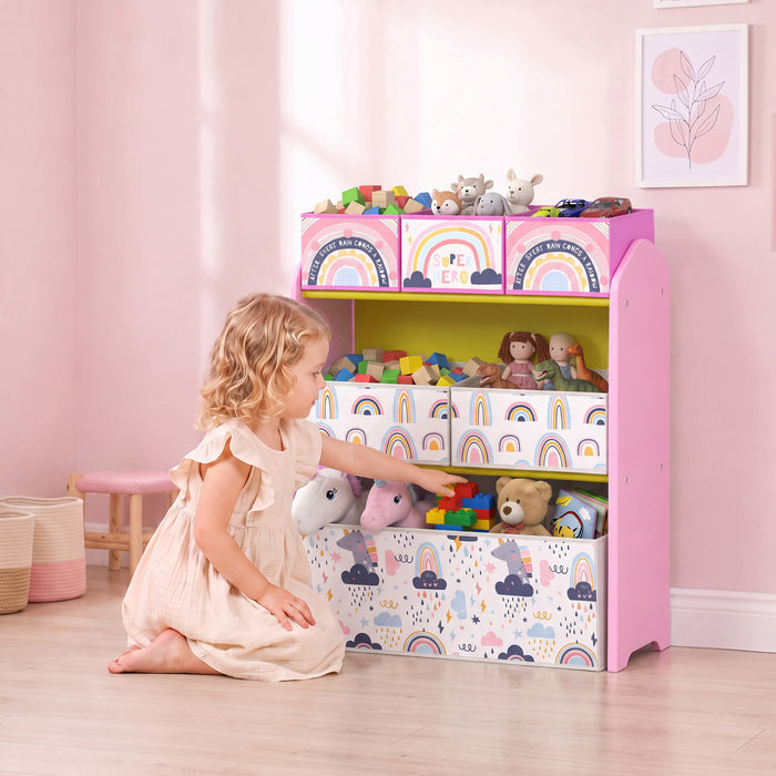 Qaba Kids Storage Organizer with 6 Storage Bins, 3-Tier Children's Storage Shelf for Bedroom, Kids Room, Large Organizer Rack for Toys and Books, Pink
