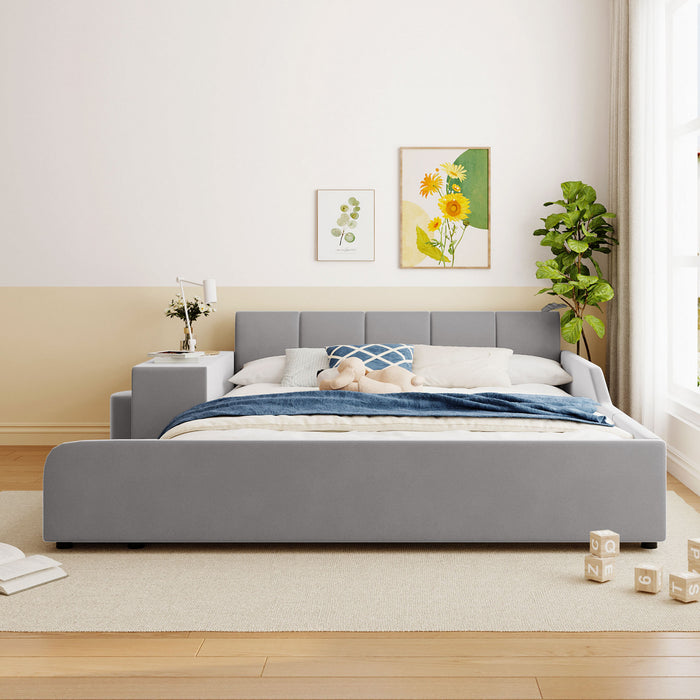 Lily Velvet Upholstered Grounded Bed with Desk and Stool,Queen Size,Grey Queen Bed