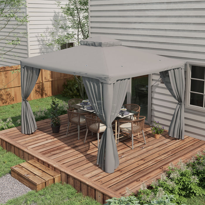 12' Outdoor Patio Gazebo Pavilion Canopy Tent With Netting, Light Grey