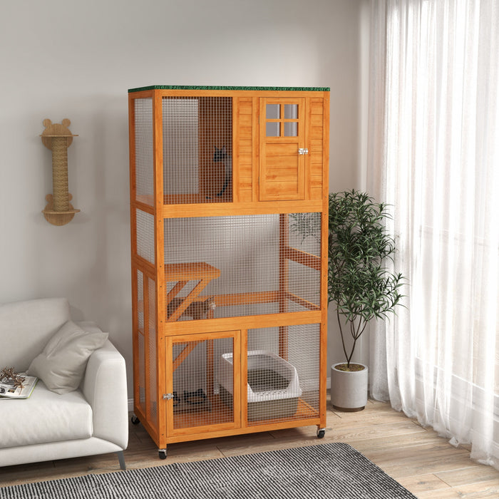 Pawhut 74\" Wooden Outdoor Cat House Weatherproof & Wheeled, Catio Outdoor Cat Enclosure With High Weight Capacity, Kitten Cage Condo, Orange