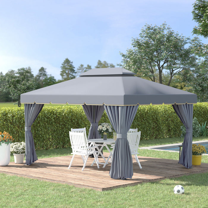 Outsunny 13' X 10' Outdoor Patio Gazebo Canopy With 2-tier Polyester Roof, Vented Mesh Sidewall & Strong Aluminum Frame, Grey
