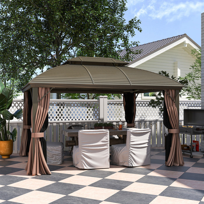 Outsunny 10' X 12' Metal Roof Hardtop Gazebo W/ Curtains & Netting, Coffee
