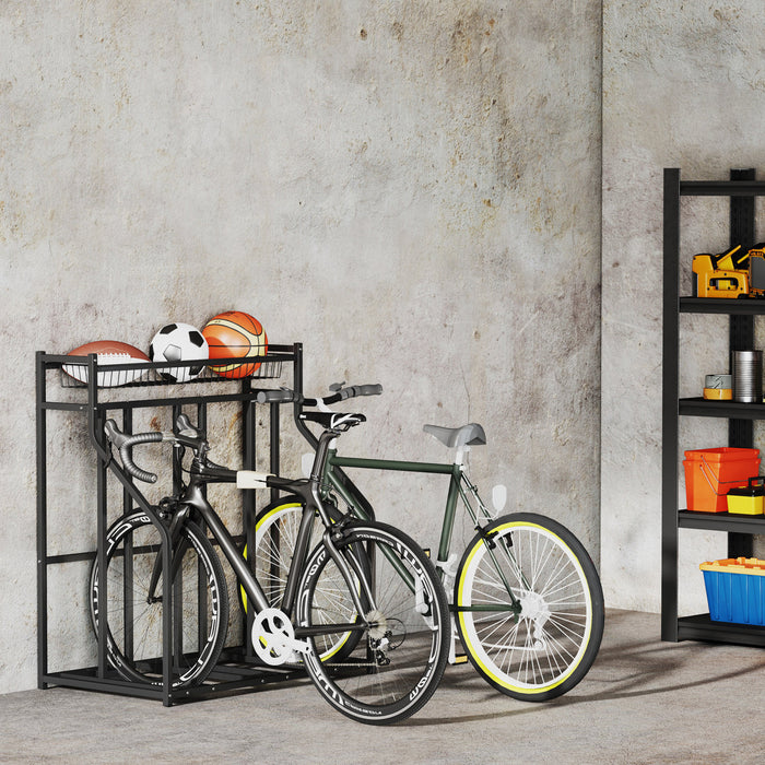 Soozier 3 Bicycle Bike Stand, Floor Bike Storage Rack With Basket, Hooks