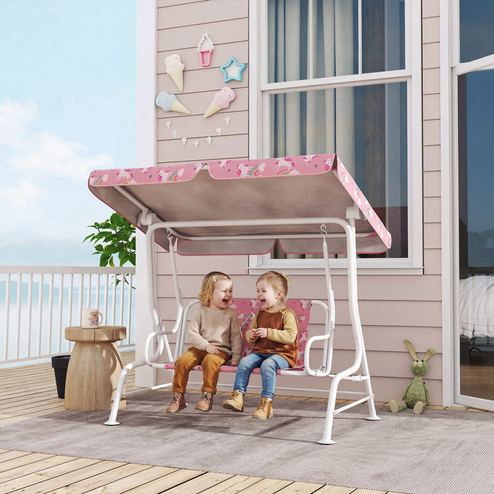 Qaba Kids Porch Swing, 2-Seater Patio Swing Bench Hammock with Safety Belts, Adjustable Canopy, Indoor Outdoor for Backyard, Garden, Poolside, Playroom (Pink, Unicorn & Rainbow)