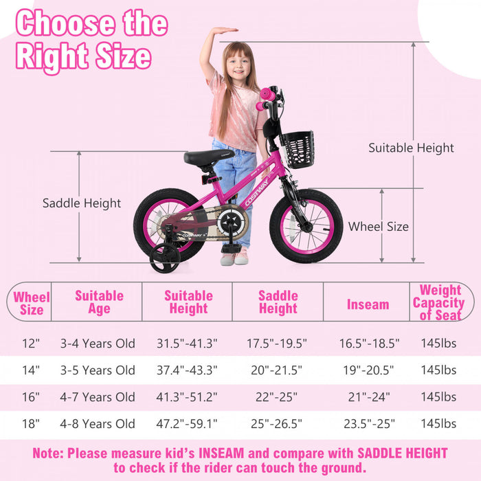 Costway 14\" Kid's Bike With Training Wheels Adjustable Handlebar & Seat Handbrake Pink
