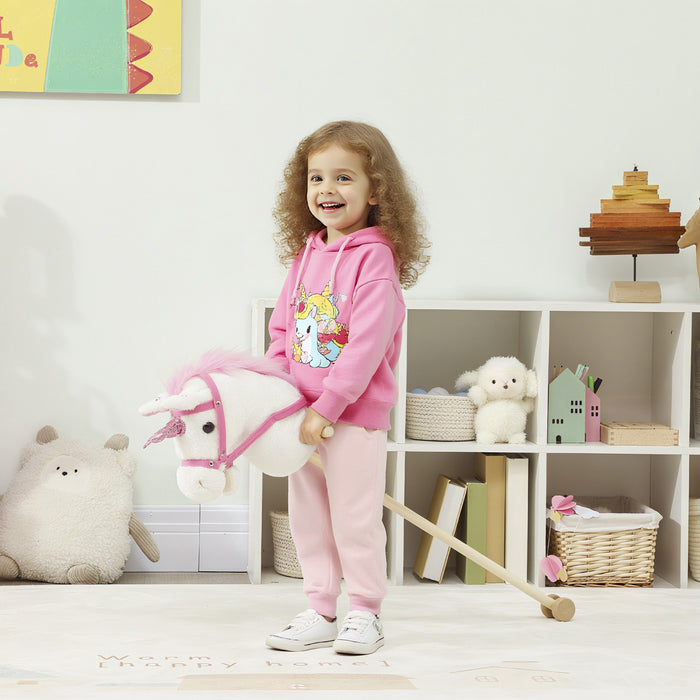 Qaba Unicorn Stick Horse, Plush Handcrafted Hobby Horse with Wood Wheels, Real Pony Neighing and Galloping Sounds, for Kids, Toddlers Pretend Play, White