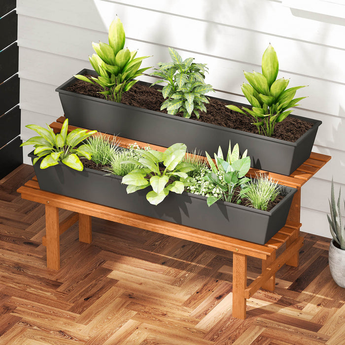 Costway 2 Tier Wood Plant Stand With Teak Oil Finish Indoor & Outdoor Flower Pot Holder