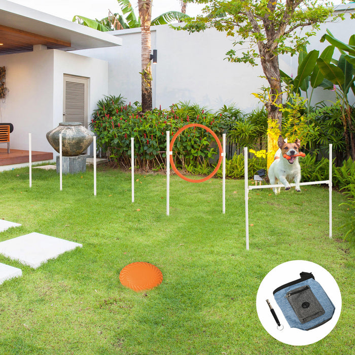 PawHut Dog Agility Training Equipment with Disc, Whistle, Weaves Poles, Adjustable Jumping Poles, Food Bag, 5 Pieces Dog Obstacle Course with Carry Bag, Multicoloured