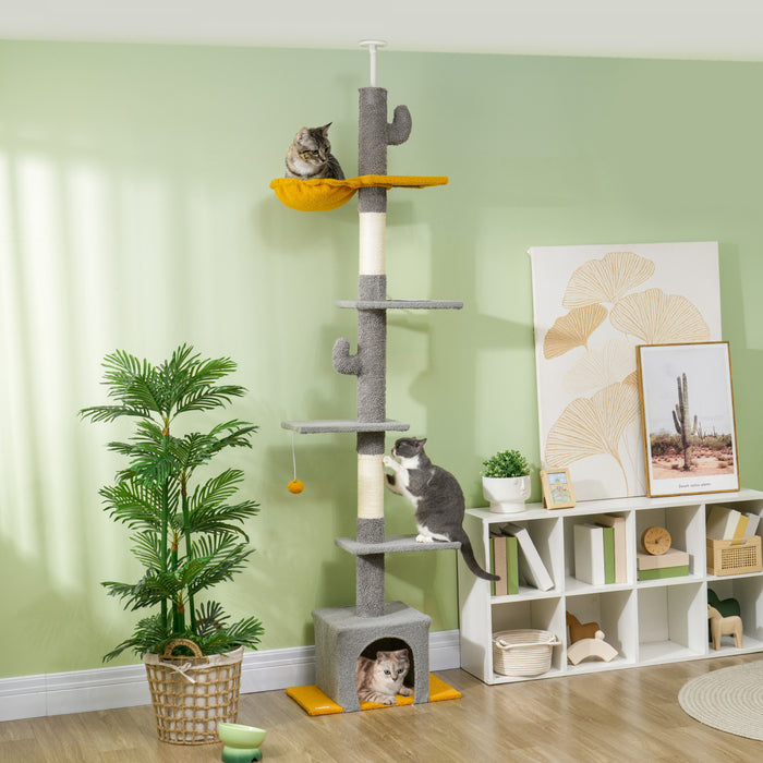 Pawhut Floor To Ceiling Cat Tree, Cat Tower With 90.5\"-108\" Adjustable Height, 5 Tier Activity Centre With Scratching Posts, Hammock, Condo, Toy Ball For Indoor Cats, Light Grey