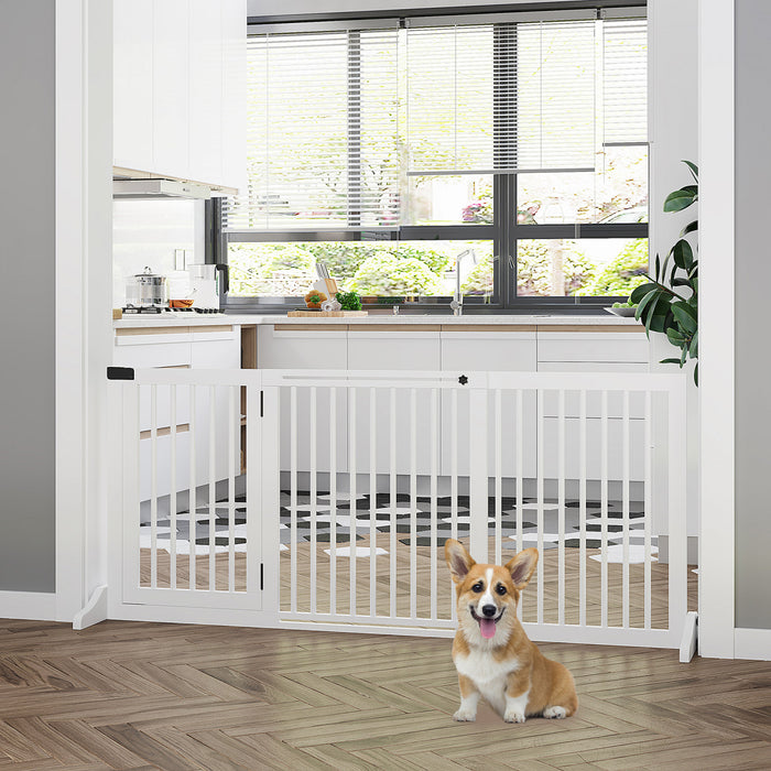 Pawhut Wooden Dog Gate, Freestanding Pet Fence For Stair, Doorway, 3 Panels W/ Door, Support Feet For Small Medium Dogs, White, 44.5\"- 65\"l X 28\"h