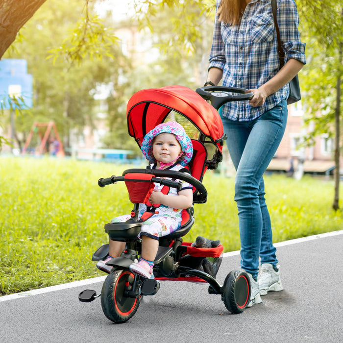 Aosom 6-in-1 Toddler Tricycle, Kids Trike With Rotatable Seat, Adjustable Push Handle, Safety Harness, Detachable Canopy, Semi-reclining Footrest, For 12-50 Months, Red