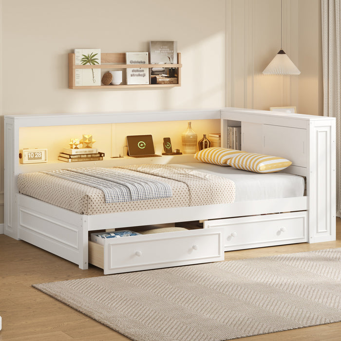 Arthur Full Size Wood Daybed with LED Light, USB Port and 2 Storage Drawers, White