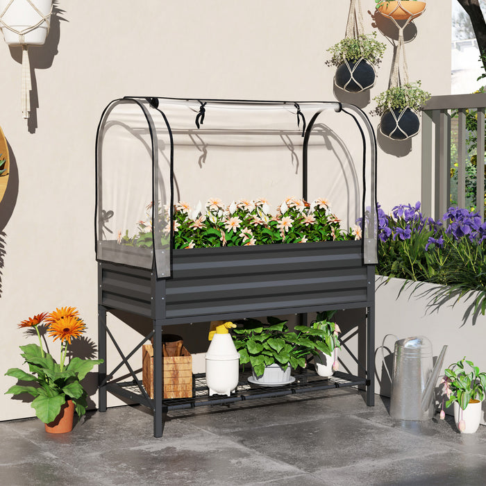 Outsunny Metal Raised Garden Bed with Cover, Dark Grey