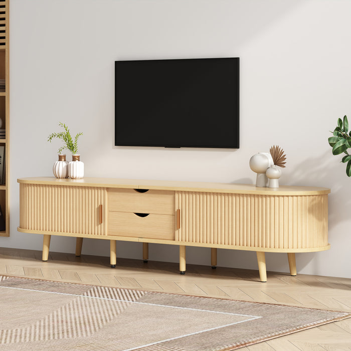 Ethan Oval TV Stand Media Console with Sliding Doors and Drawers,Natural