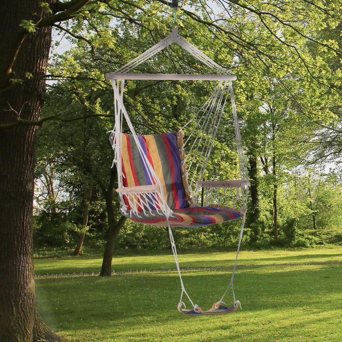 Outsunny Patio Hammock Chair, Portable Hanging Cotton Rope Hammock Swing Chair Sleeping Bed Seat With Footrest For Outdoor Garden Yard Camping Red