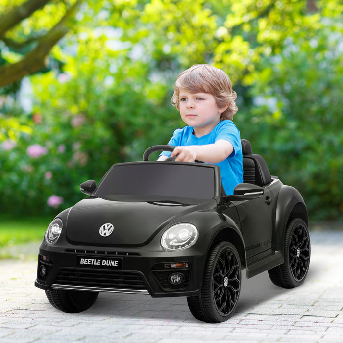 Qaba 12v Electric Car For Kids, Volkswagen Beetle Licensed Battery Powered Ride-On Kids Car With Parent Remote Control, 4 Spring Suspension Wheels, Soft Start, Headlights, Fm Radio, Black