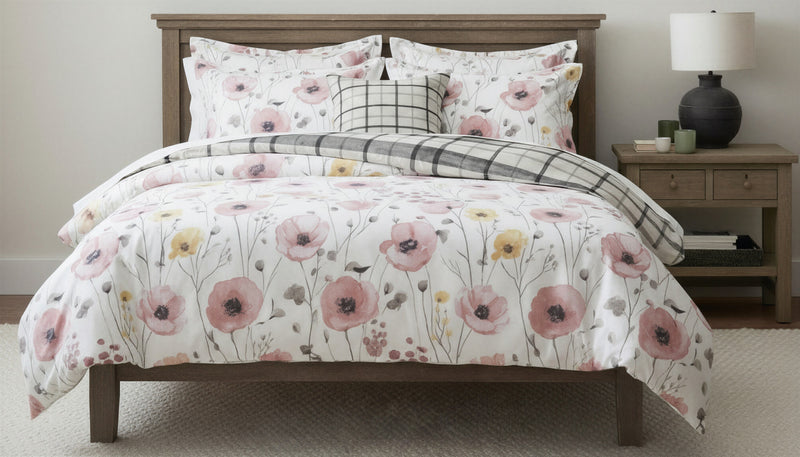 Mirabelle Twin Comforter Set - Reversible Pink & Grey Watercolor Floral Bedding 